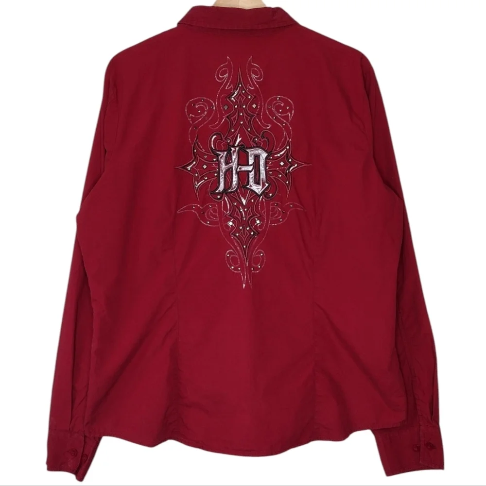 Harley-Davidson Red Embroidery Long Sleeve Button Down Shirt Sz XL